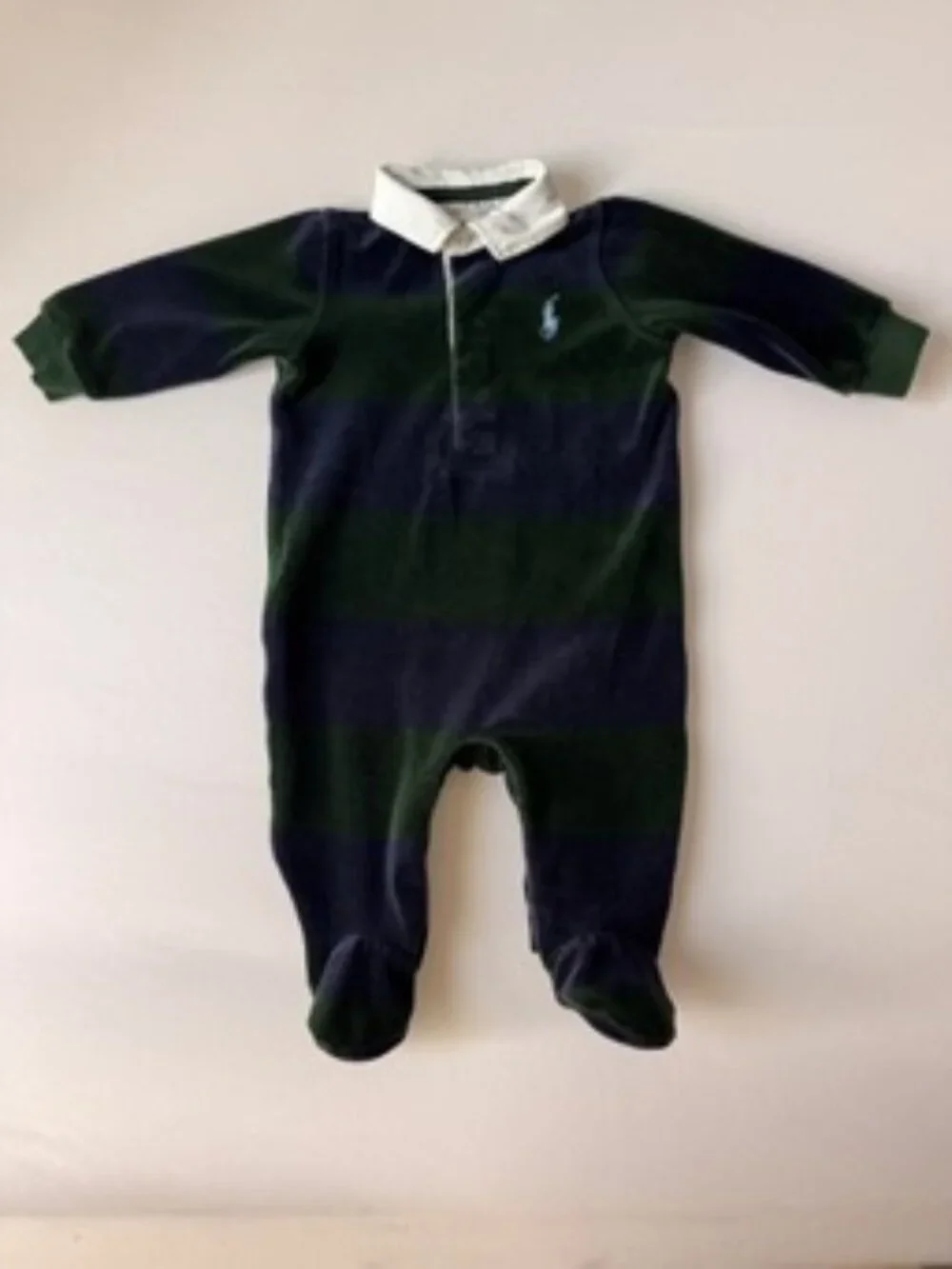 VINTAGE Ralph Lauren Baby Boy Polo Onsie 6M Navy Green Striped Footed One Piece